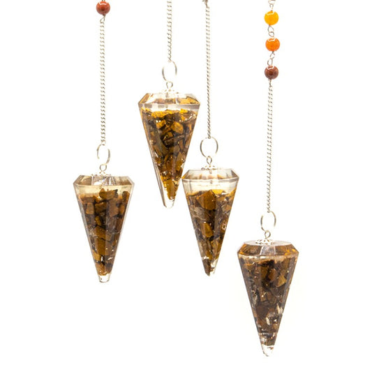 Four crystal pendulums, filled with tiger's eye stones, hang from silver chains. Some chains have colored beads, all against a white background.