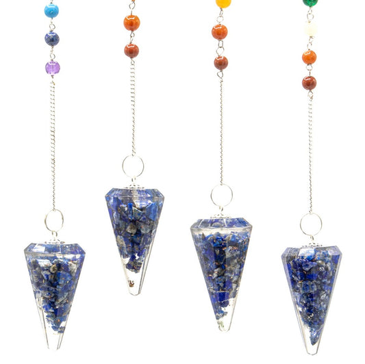 Four lapis lazuli pendulums hang, each suspended by a silver chain with beads at the top, against a white background.