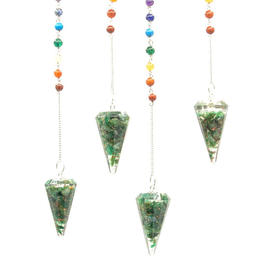 Four cone-shaped pendants dangle from beaded chains, suspended in a white space. Each pendant is filled with green materials. The chains are adorned with colorful, spherical beads.