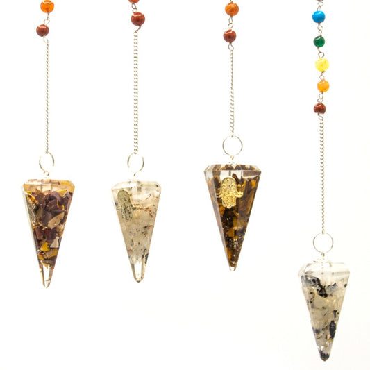 Four cone-shaped orgonite pendants hang against a white backdrop, suspended by chains attached to colorful beaded strands. Each pendant contains different materials and some have a Hamsa symbol inside.