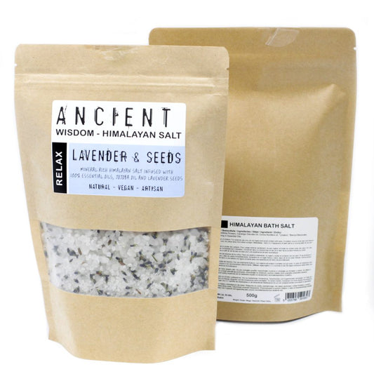 Himalayan bath salt, infused with lavender and seeds, is contained in a kraft paper pouch. The pouch is labeled "Ancient Wisdom - Himalayan Salt," "Lavender & Seeds," and lists ingredients and weight (500g).