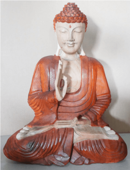 A Buddha statue is seated in a meditation pose with one hand raised in a gesture of reassurance. It features a warm red and cream color scheme, set against a plain background.