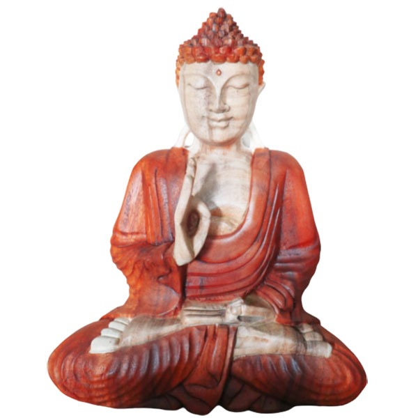 A seated Buddha statue meditates with a peaceful expression, one hand raised in a gesture, wearing a red robe. The background is plain white, highlighting the figure.