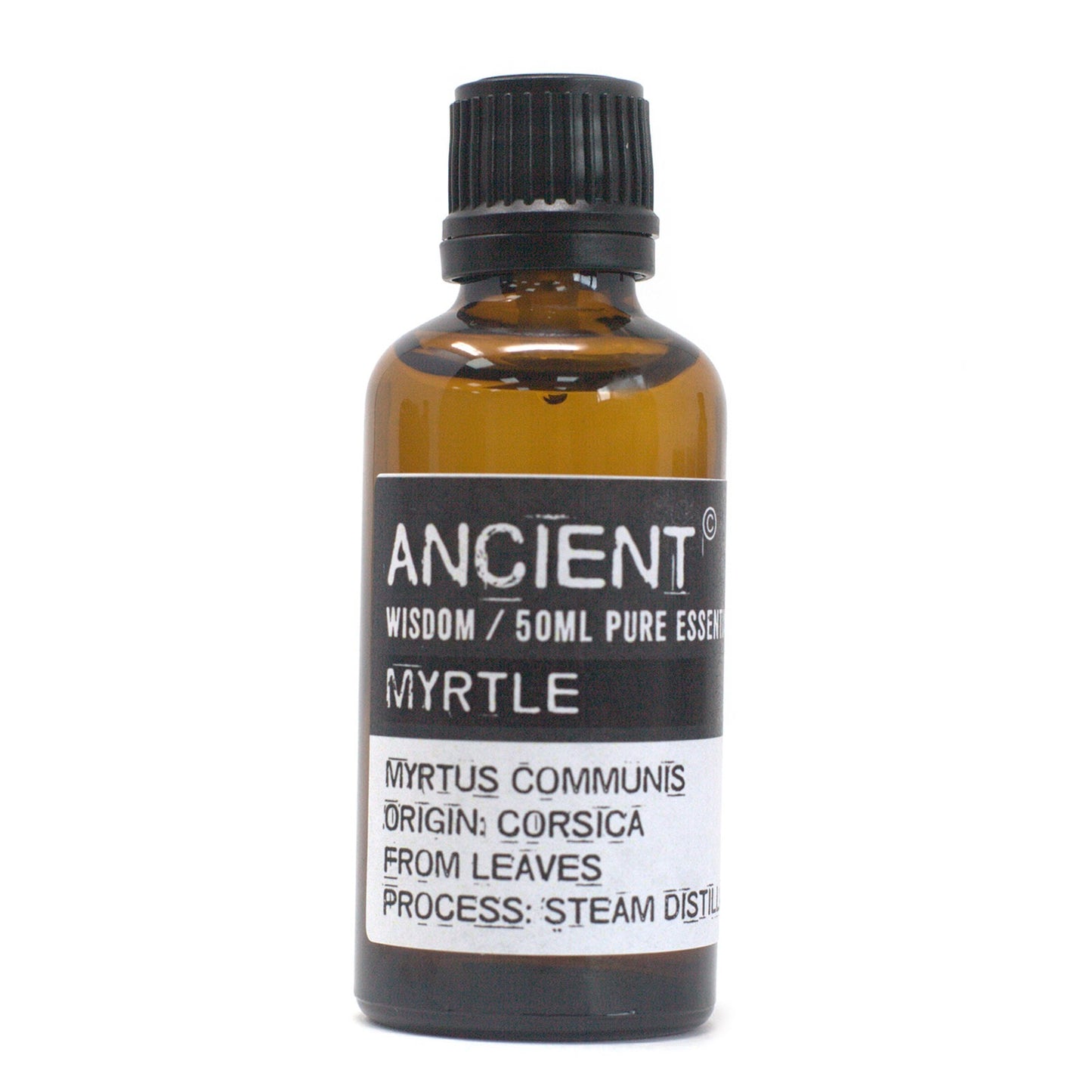 A bottle sits on a white background; it contains "ANCIENT WISDOM / 50ML PURE ESSENT MYRTLE. MYRTUS COMMUNIS ORIGIN: CORSICA FROM LEAVES PROCESS: STEAM DISTIL".