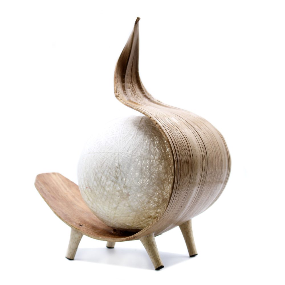 A lamp, crafted from a leaf-like structure and wood, rests on a base; a spherical light source is nestled within the leaf.