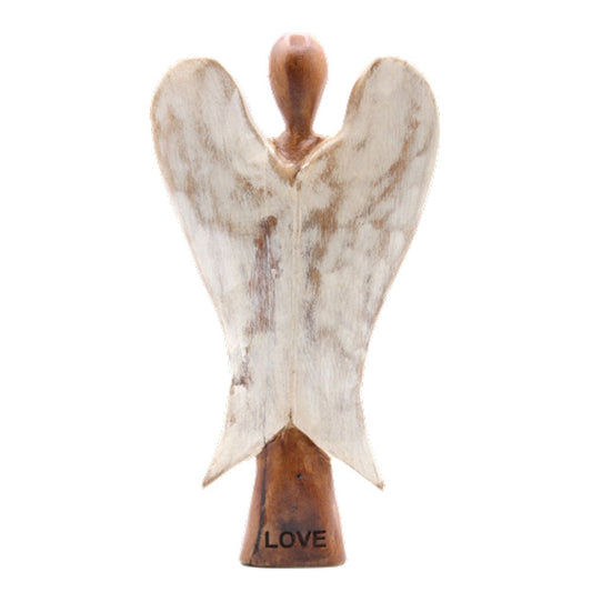 Wooden angel figurine stands, wings outstretched. The base is engraved with the word "LOVE."