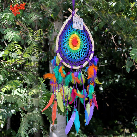 A crocheted rainbow dreamcatcher hangs from a tree branch. It features colorful feathers and beads. The tag reads: "Rolla Dream Catchers".