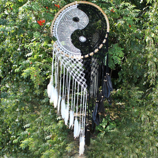 A yin-yang dreamcatcher hangs amidst lush green foliage. White and black crocheted sections, accented with matching feathers, are displayed.