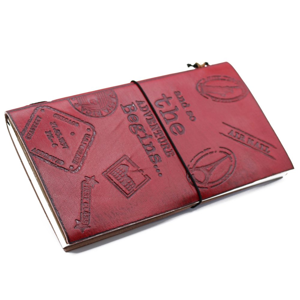 Handmade Leather Journal- The Adventure Begins - Red - (80 pages)
