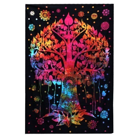 A tie-dye tapestry depicts a rainbow-colored Bodhi tree, with a meditating Buddha seated beneath it, on a dark background sprinkled with small flowers.