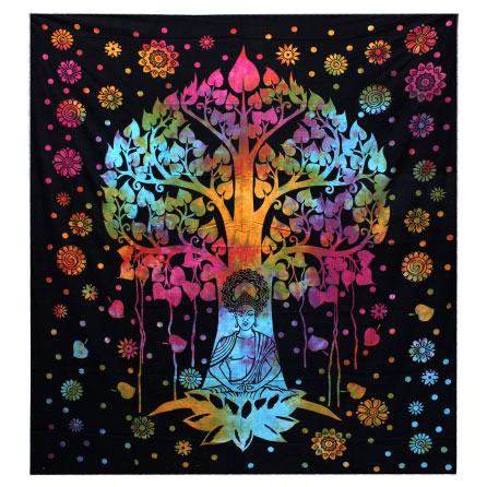 A tie-dye tapestry depicts a rainbow-colored Bodhi tree with a meditating Buddha beneath it, surrounded by smaller floral designs on a black background.