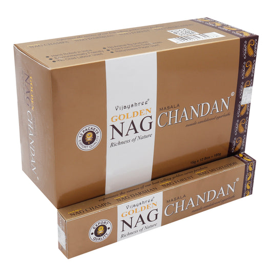 Boxes of "Vijayshree Golden Nag Chandan" incense, labeled with "Richness of Nature." The larger box holds smaller boxes detailed with "15g x 12 Box = 180g," highlighting export quality.