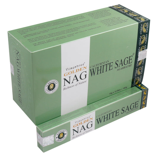 Box of Vijayshree Golden Nag Californian White Sage incense resting on a white surface, emphasizing the text: "RICHNESS OF NATURE," "EXPORT QUALITY," and "150g x 12 Box = 1800g."