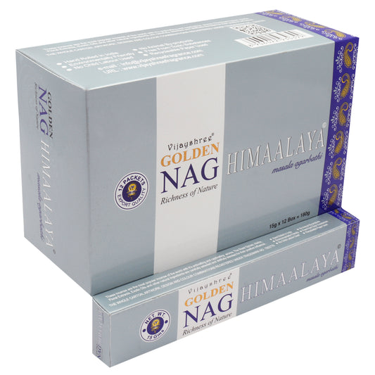 Box labeled "Vijayshree Golden Nag Himaalaya Masala Agarbathi," featuring "Richness of Nature" and "12 Packet Export Quality" on a light blue background with ornate purple accents.