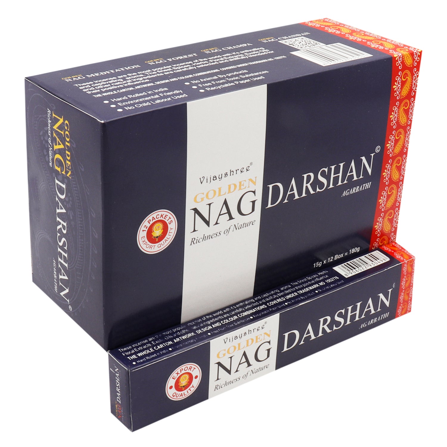 A box labeled "Vijayshree Golden Nag Darshan Agarbathi" containing incense sticks. It shows "Richness of Nature" and "Export Quality." The packaging features red and gold decorative patterns.