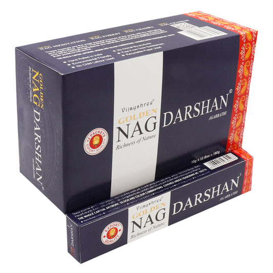 A box labeled "Vijayshree Golden Nag Darshan Agarbathi" containing incense sticks. It shows "Richness of Nature" and "Export Quality." The packaging features red and gold decorative patterns.