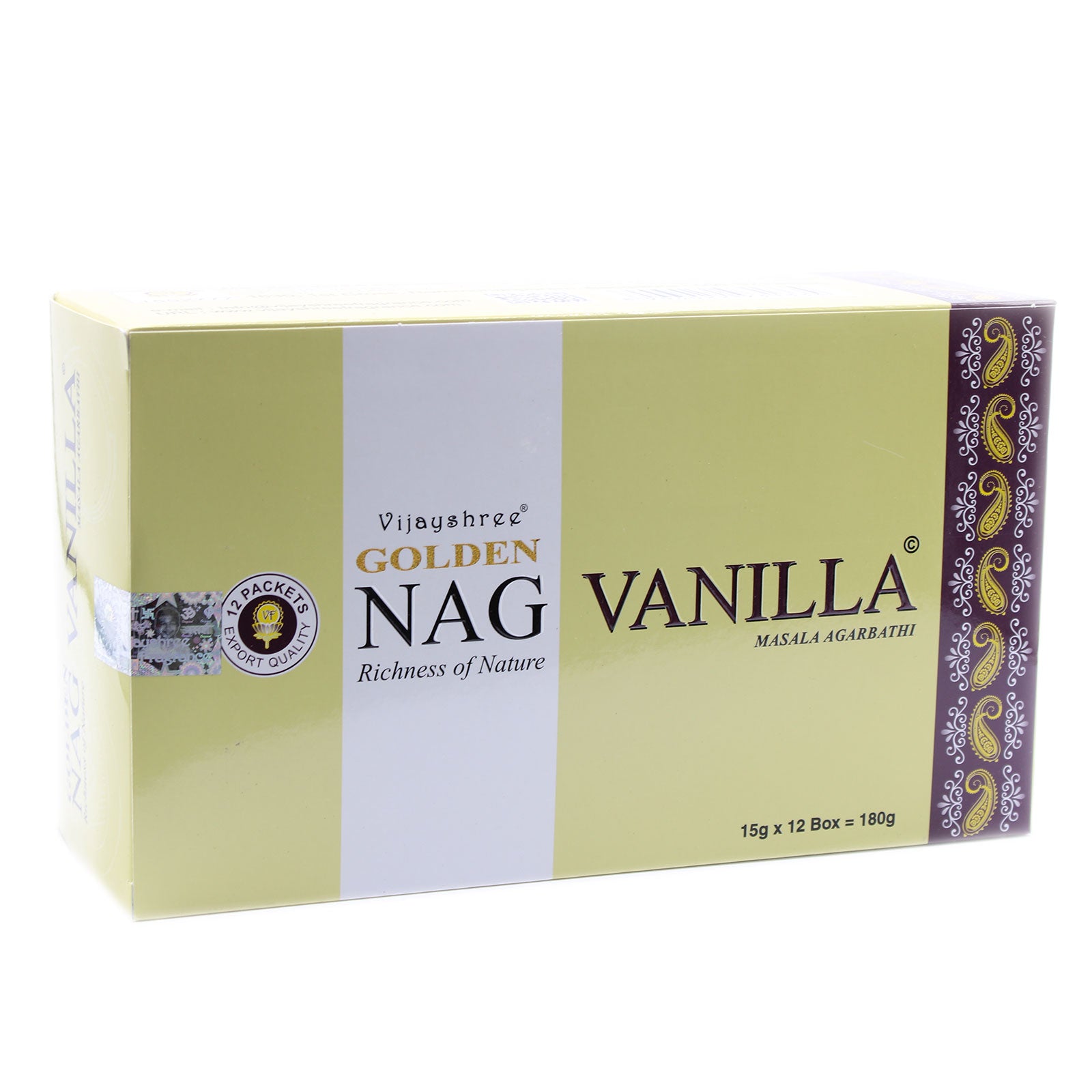 A box labeled "Vijayshree Golden Nag Vanilla Masala Agarbathi" displays ornate patterns. It also states "Richness of Nature" and "15g x 12 Box = 180g" alongside a quality seal.