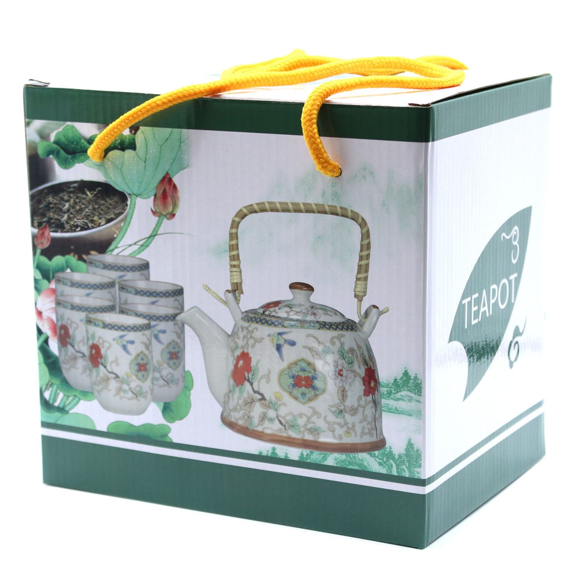 A decorative box featuring an ornate floral teapot and matching cups image, with yellow rope handles. The side displays text: "TEAPOT" against a light green background with floral accents.