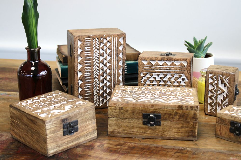 White Washed Wooden Box - 64 Aztec Design