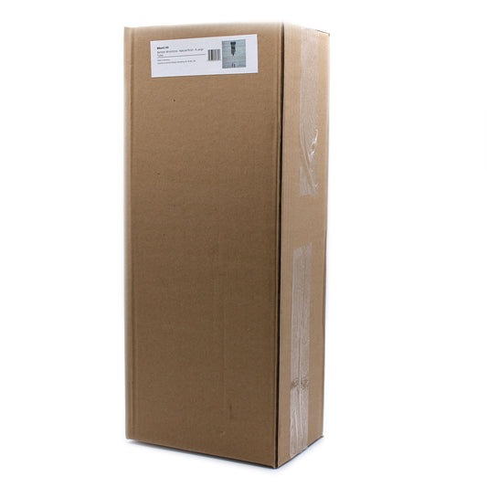 A cardboard box containing a bamboo wind chime sits upright on a white background. The box is sealed with tape and shows a product label.