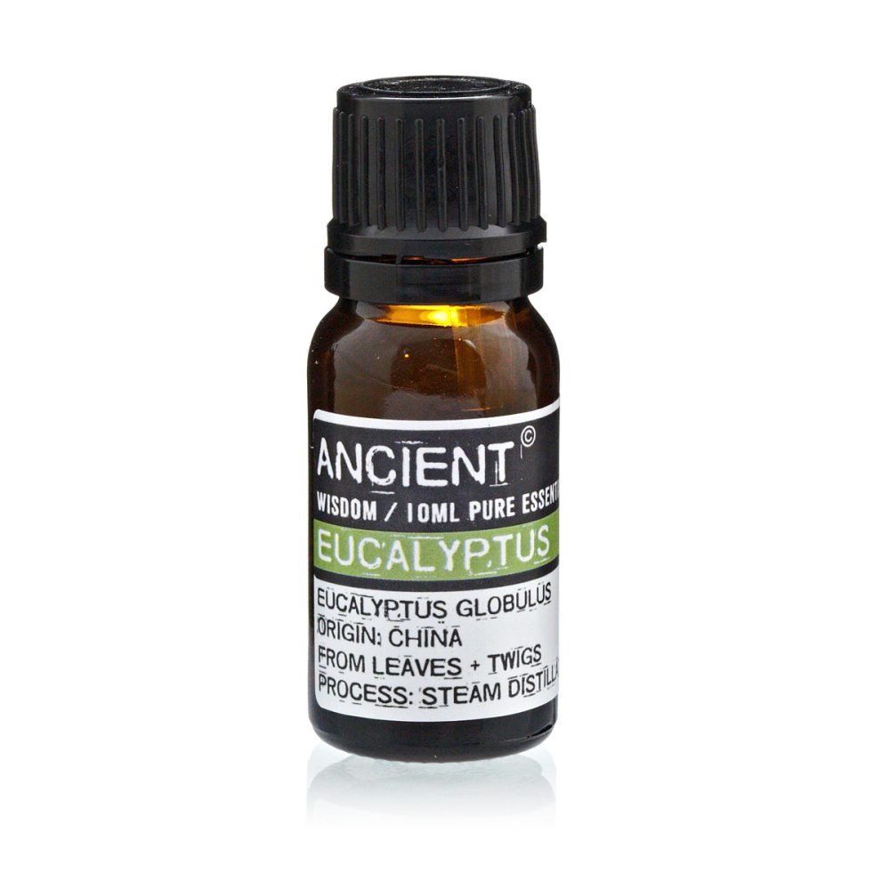 A bottle holds liquid, displaying a label that reads, "ANCIENT, WISDOM / 10ML PURE ESSENT, EUCALYPTUS, EUCALYPTUS GLOBULUS, ORIGIN: CHINA, FROM LEAVES + TWIGS, PROCESS: STEAM DISTILL" against a bright background.