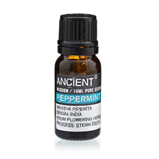A small bottle of "ANCIENT Wisdom / 10ML PURE ESSEN PEPPERMINT" sits on a white surface. The label also includes "MENTHA PIPERITA ORIGIN: INDIA FROM FLOWERING HERBS PROCESS: STEAM DISTILL".