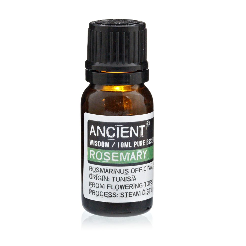 A small bottle sits upright. The label reads "ANCIENT, WISDOM / 10ML PURE ESSE, ROSEMARY, ROSMARINUS OFFICINAL, ORIGIN: TUNISIA, FROM FLOWERING TOPS, PROCESS: STEAM DISTIL". It rests on a white surface.