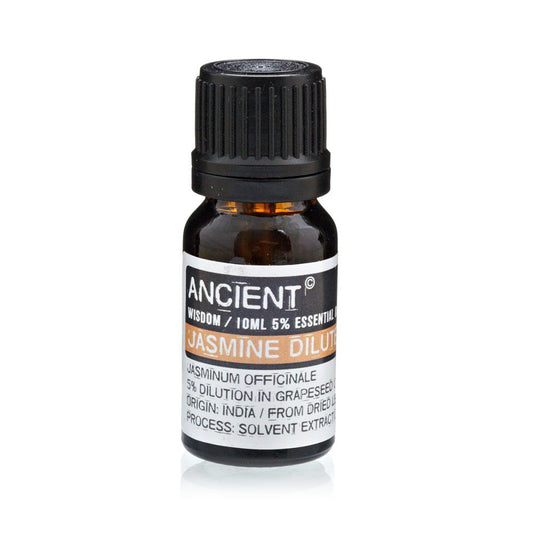 An amber-colored glass bottle with a black ribbed cap is upright. The bottle’s label reads, "ANCIENT WISDOM / 10ML 5% ESSENTIAL JASMINE DILUT JASMINUM OFFICINALE 5% DILUTION IN GRAPESEED ORIGIN: INDIA / FROM DRIED LE PROCESS: SOLVENT EXTRACT." The context is a bright white background.