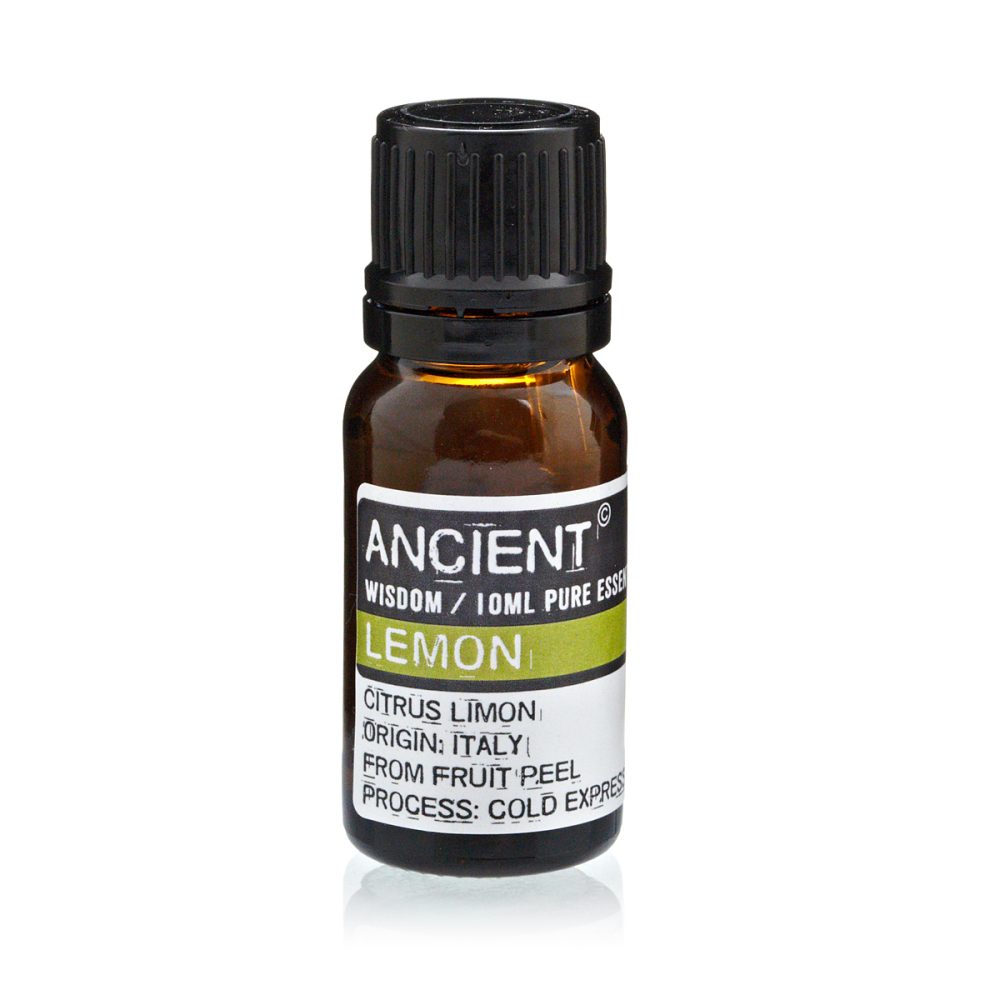 A small bottle of amber liquid sits on a white surface. The label reads "ANCIENT, WISDOM / 10ML PURE ESSE, LEMON, CITRUS LIMON, ORIGIN: ITALY, FROM FRUIT PEEL, PROCESS: COLD EXPRES."