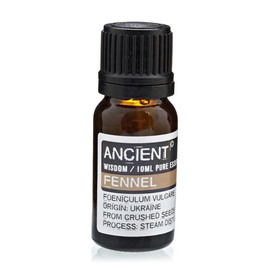 A small, brown bottle labeled "ANCIENT WISDOM / 10ML PURE ESSE FENNEL FOENICULUM VULGARE ORIGIN: UKRAINE FROM CRUSHED SEEDS PROCESS: STEAM DIST" sits against a bright, white background.