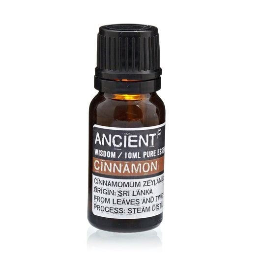 A small, brown glass bottle sits, displaying a label that reads "ANCIENT WISDOM / 10ML PURE ESSENTIAL OIL CINNAMON CINNAMOMUM ZEYLANIC ORIGIN: SRI LANKA FROM LEAVES AND TWIG PROCESS: STEAM DISTU." It is positioned in a white space.