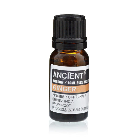 A bottle of ginger essential oil stands on a white surface; the label reads "ANCIENT WISDOM / 10ML PURE ESSEN GINGER ZINGIBER OFFICINALE ORIGIN: INDIA FROM ROOT PROCESS: STEAM DISTILL".