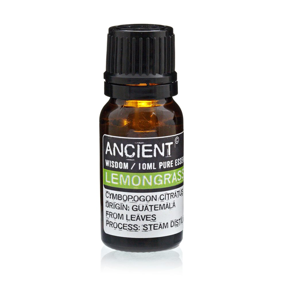 A brown glass bottle sits against a white background with a black cap. Its label reads: "ANCIENT WISDOM/10ML PURE ESSE LEMONGRASS CYMBOPOGON CITRATUS ORIGIN: GUATEMALA FROM LEAVES PROCESS: STEAM DISTIL"