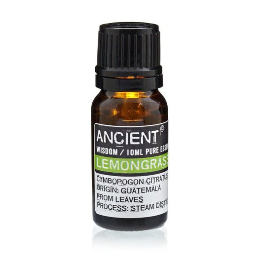A brown glass bottle sits against a white background with a black cap. Its label reads: "ANCIENT WISDOM/10ML PURE ESSE LEMONGRASS CYMBOPOGON CITRATUS ORIGIN: GUATEMALA FROM LEAVES PROCESS: STEAM DISTIL"