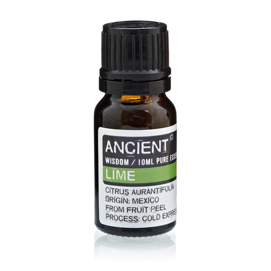 A small, dark amber bottle with a black cap sits on a white surface. The label reads: "ANCIENT WISDOM / IOML PURE ESSE LIME CITRUS AURANTIFOLIA ORIGIN: MEXICO FROM FRUIT PEEL PROCESS: COLD EXPRES".