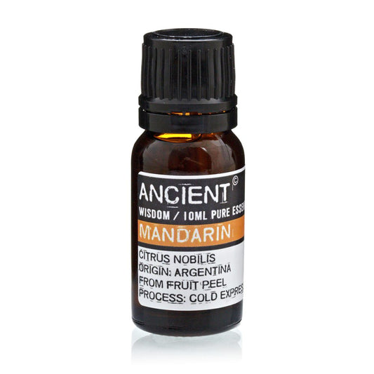 A brown glass bottle with a black cap is labeled "ANCIENT WISDOM / 10ML PURE ESSE MANDARIN. CITRUS NOBILIS ORIGIN: ARGENTINA FROM FRUIT PEEL PROCESS: COLD EXPRES." The bottle is standing on a white surface.