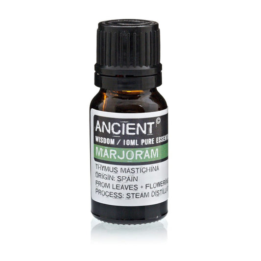 A brown glass vial, labeled "ANCIENT" "WISDOM / 10ML PURE ESSENT" "MARJORAM," "THYMUS MASTICHINA," "ORIGIN: SPAIN," "FROM LEAVES + FLOWERING," "PROCESS: STEAM DISTILLA," sits capped against a white background.