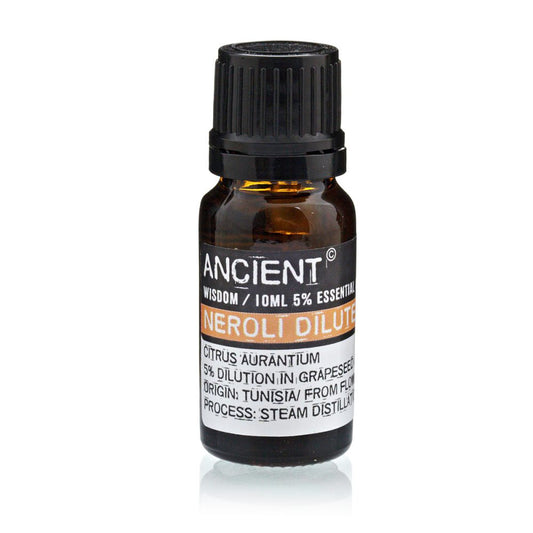 The small brown glass bottle contains “ANCIENT” “NEROLI DILUTE” essential oil. The label says: "ANCIENT WISDOM / 10ML 5% ESSENTIAL NEROLI DILUTE CITRUS AURANTIUM 5% DILUTION IN GRAPESEED ORIGIN: TUNISIA/ FROM FLO PROCESS: STEAM DISTILLAT".