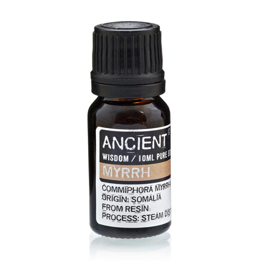 A small bottle sits on a white surface, a label with "ANCIENT WISDOM/10ML PURE ES MYRRH COMMIPHORA MYRRH ORIGIN: SOMALIA FROM RESIN PROCESS: STEAM DIS" is visible.