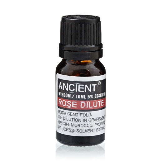 A small bottle stands on a white surface. Its label reads "ANCIENT" "WISDOM / 10ML 5% ESSENTIAL" "ROSE DILUTE" "ROSA CENTIFOLIA" "5% DILUTION IN GRAPESEED" "ORIGIN: MOROCCO/ FROM PE" "PROCESS: SOLVENT EXTRACT".