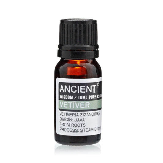 A bottle of essential oil sits on a white background. The label reads: "ANCIENT, WISDOM / 10ML PURE ESSE, VETIVER, VETIVERIA ZĪZANOIDES, ORIGIN: JAVA, FROM ROOTS, PROCESS: STEAM DISTIL."