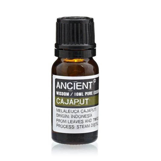 A small, brown bottle of essential oil sits against a stark white backdrop. The bottle's label reads: "ANCIENT WISDOM/10ML PURE ESSEN CAJAPUT MELALEUCA CAJAPUTI ORIGIN: INDONESIA FROM LEAVES AND TWIGS PROCESS: STEAM DISTIL"