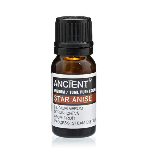 A small, dark amber bottle containing essential oil sits on a white surface. The bottle’s label reads "ANCIENT WISDOM / 10ML PURE ESSENTIAL, STAR ANISE, ILLICIUM VERUM, ORIGIN: CHINA, FROM FRUIT, PROCESS: STEAM DISTILLA".