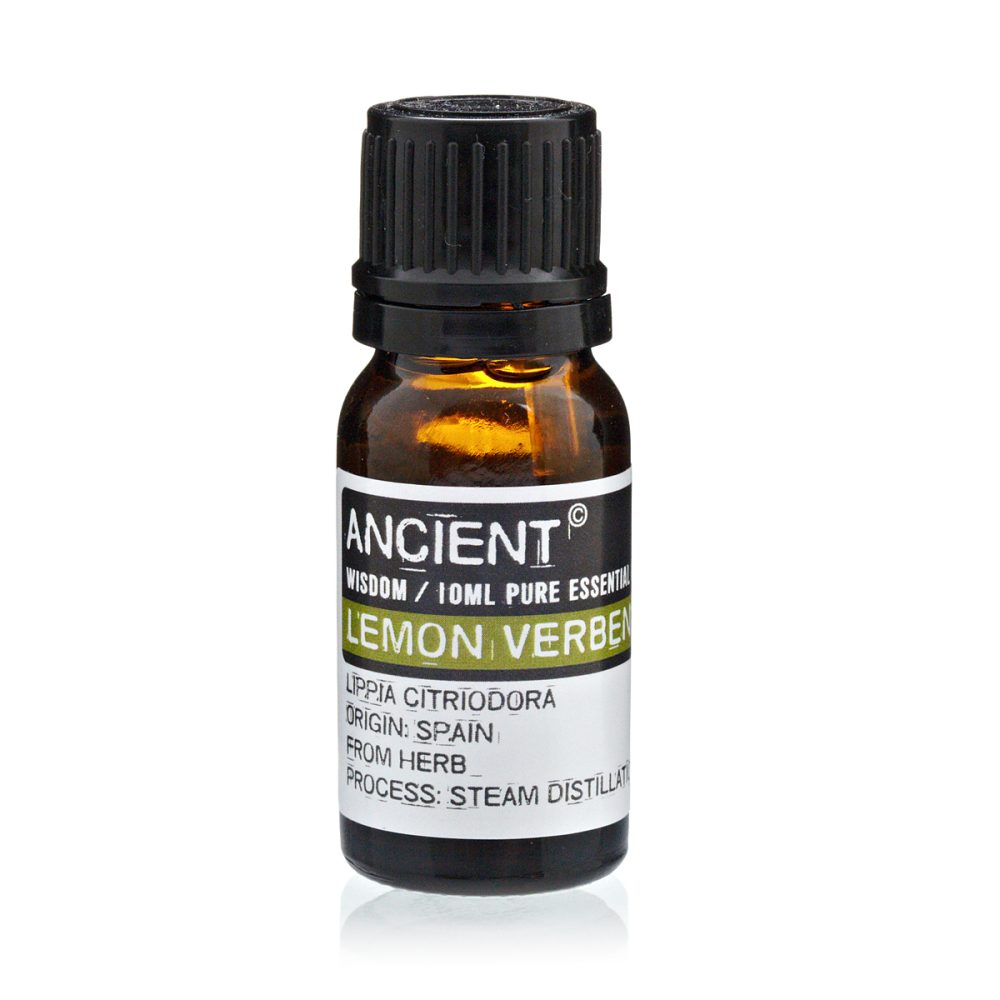 A small brown bottle filled with oil has a black cap and a white label reading: "ANCIENT WISDOM / 10ML PURE ESSENTIAL LEMON VERBENA LIPPIA CITRIODORA ORIGIN: SPAIN FROM HERB PROCESS: STEAM DISTILLATION".