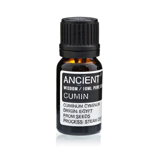 A small bottle of cumin essential oil sits on a white surface. The bottle’s label reads, “ANCIENT WISDOM / 10ML PURE ES CUMIN CUMINUM CYMINUM ORIGIN: EGYPT FROM SEEDS PROCESS: STEAM DIS”.