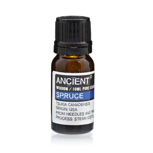 A small, brown bottle of “ANCIENT” brand spruce essential oil stands on a white surface. The label reads: "ANCIENT WISDOM / 10ML PURE ESSE SPRUCE TSUGA CANADENSIS ORIGIN: USA FROM NEEDLES AND TW PROCESS: STEAM DISTIL”.