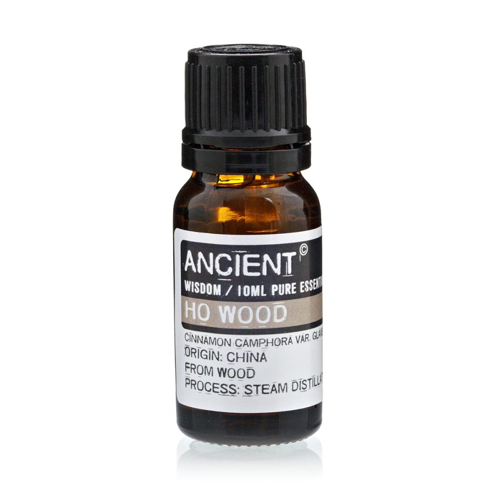A small, brown glass bottle labeled "ANCIENT WISDOM / 10ML PURE ESSENT HO WOOD CINNAMON CAMPHORA VAR. GLAN ORIGIN: CHINA FROM WOOD PROCESS: STEAM DISTILLA" with a black cap is centered in a plain, white background.
