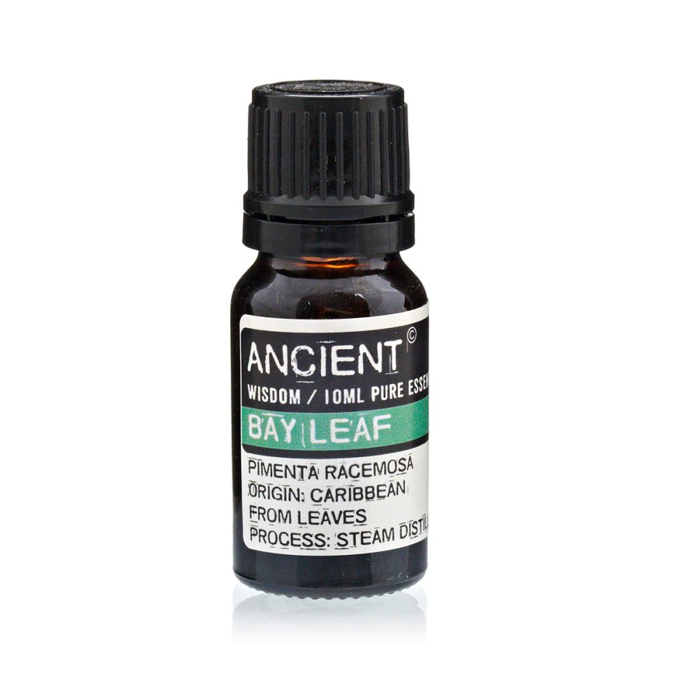 A small amber glass bottle with a black cap sits on a white surface. The bottle's label reads "ANCIENT. WISDOM / 10ML PURE ESSENCE. BAY LEAF. PIMENTA RACEMOSA. ORIGIN: CARIBBEAN. FROM LEAVES. PROCESS: STEAM DISTIL."