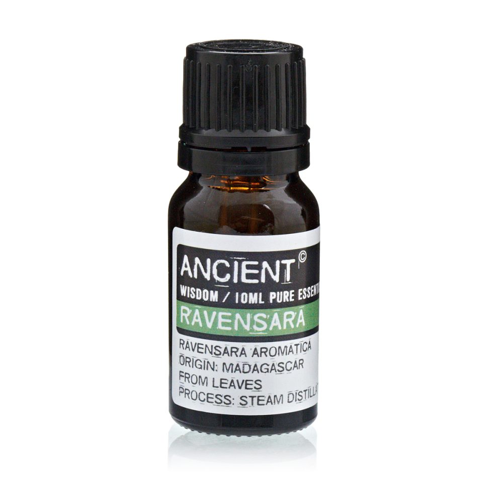 A small, brown glass bottle sits, labeled "ANCIENT WISDOM / 10ML PURE ESSENT RAVENSARA RAVENSARA AROMATICA ORIGIN: MADAGASCAR FROM LEAVES PROCESS: STEAM DISTILLA" against a stark white background.