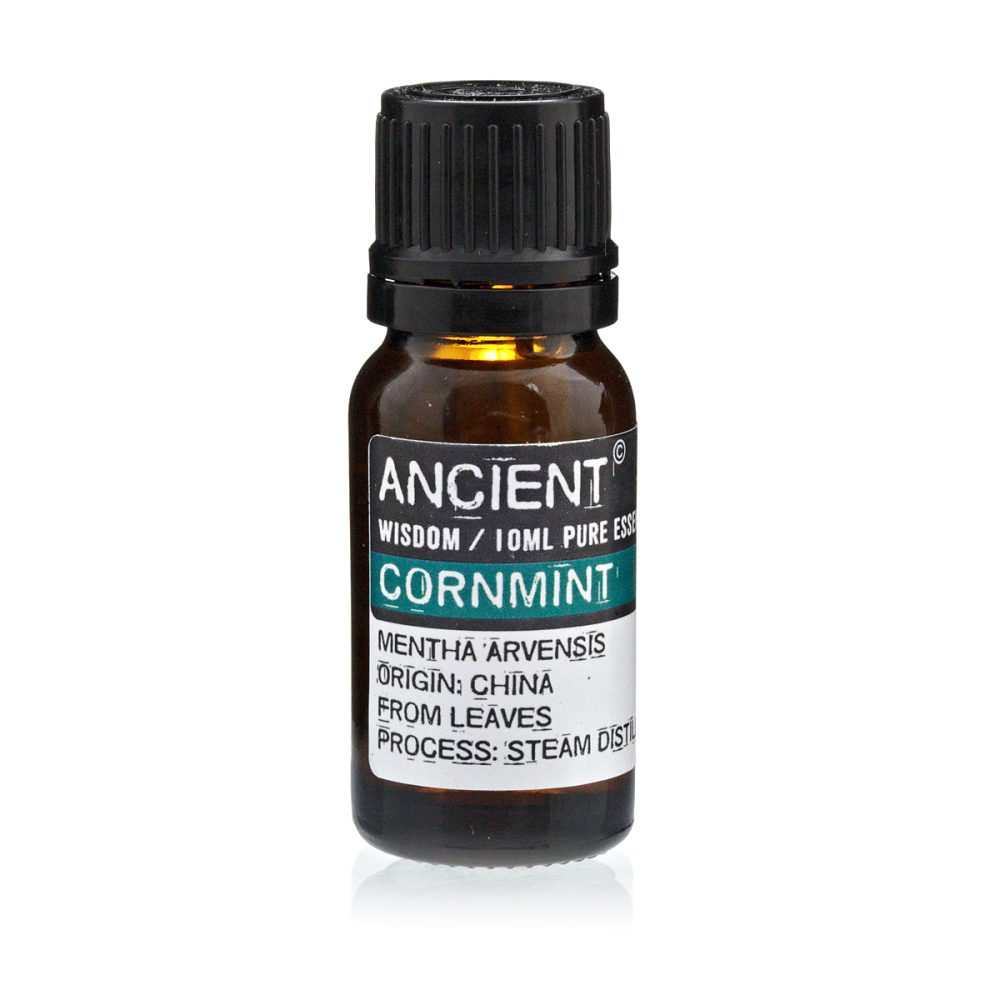 A small bottle of essential oil is centered on a white background. The label reads: "ANCIENT WISDOM/10ML PURE ESS CORNMINT MENTHA ARVENSIS ORIGIN: CHINA FROM LEAVES PROCESS: STEAM DIST".